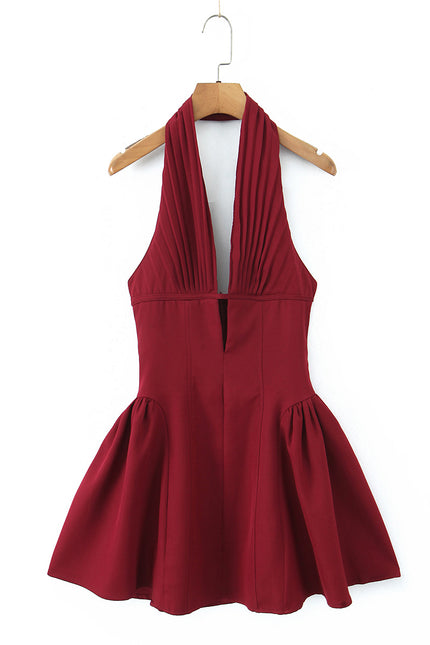 Back Hollow Out Sleeveless Red Color Hot Sale Casual Fashion Summer Mini Halter Dress for Women