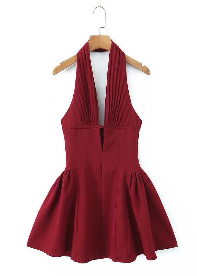 Back Hollow Out Sleeveless Red Color Hot Sale Casual Fashion Summer Mini Halter Dress for Women