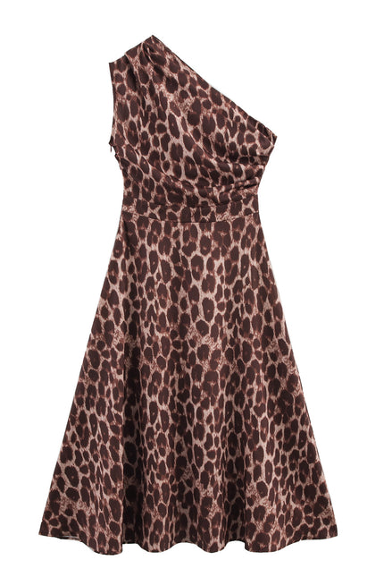 Animal Print Asymmetrical Design Brown Color Casual Fashion Summer Long Dress for Women