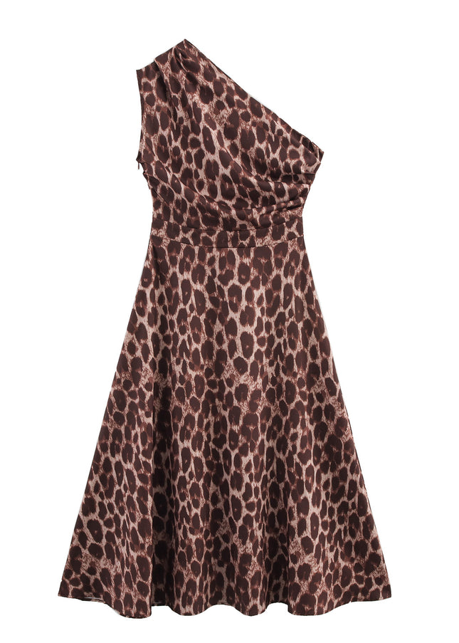 Animal Print Asymmetrical Design Brown Color Casual Fashion Summer Long Dress for Women