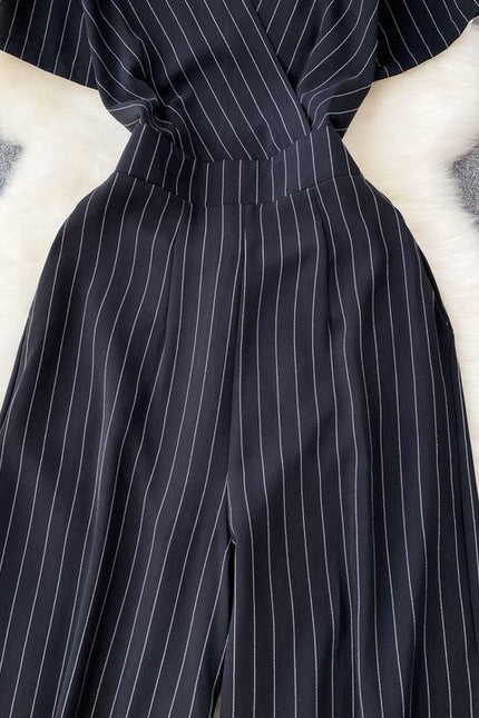 Summer Casual V-neck Jumpsuit High Waist Striped Long Jumpsuit Women
