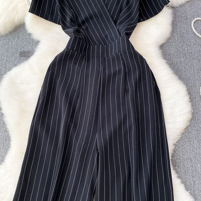 Summer Casual V-neck Jumpsuit High Waist Striped Long Jumpsuit Women