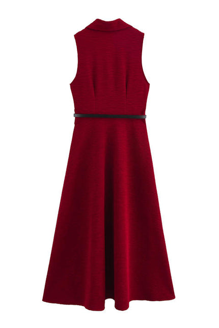 Notched collar sleeveless sashes red color casual fashion maxi summer dress for women