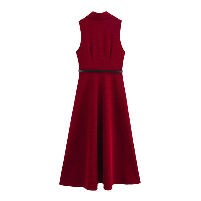 Notched collar sleeveless sashes red color casual fashion maxi summer dress for women