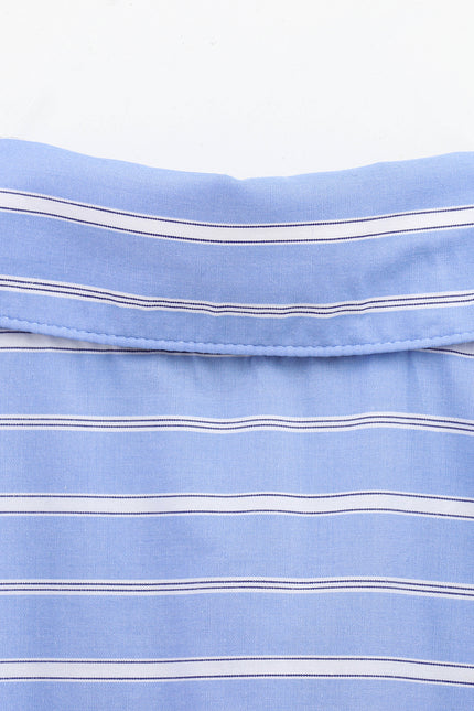 Turn Down Collar Striped Print Blue Color Long Sleeve Casual Fashion Tops Blouse for Women