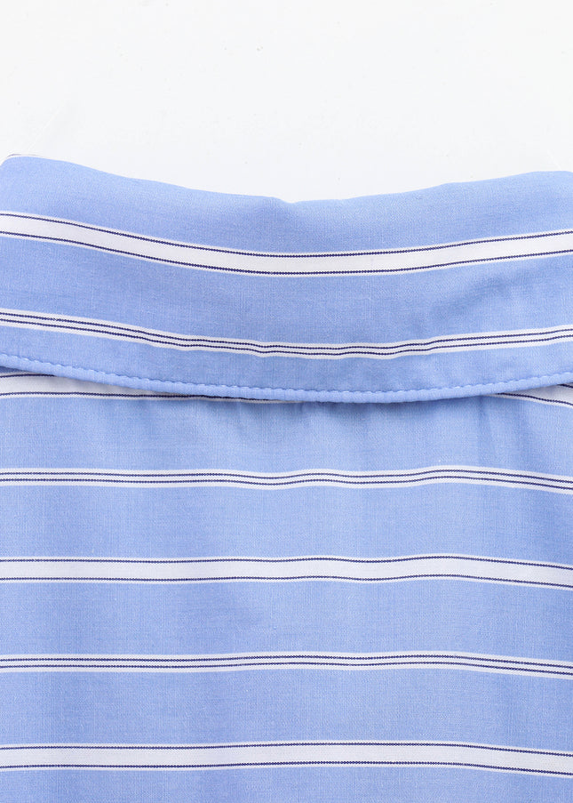 Turn Down Collar Striped Print Blue Color Long Sleeve Casual Fashion Tops Blouse for Women