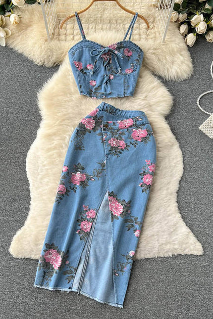 Camisola sem alças colete cintura alta Split meia saia do corpo duas peças conjunto feminino