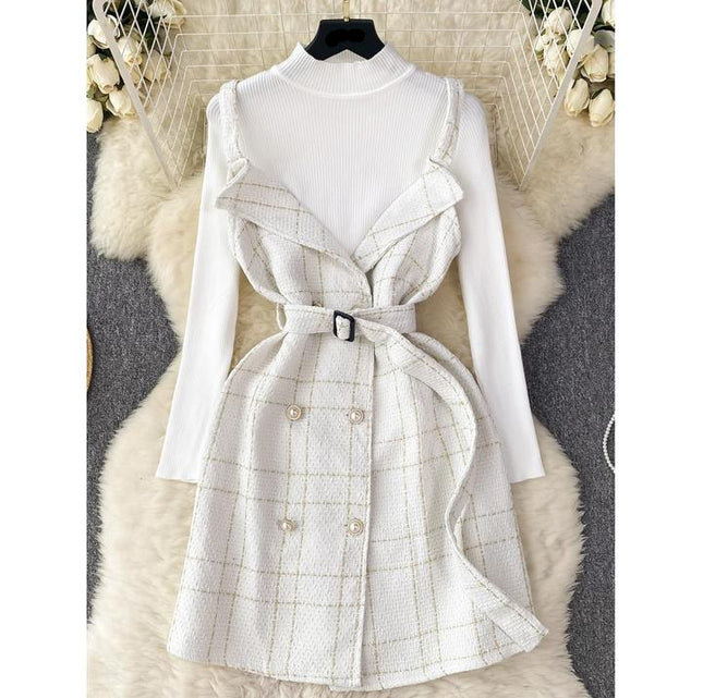 Women a Line Tweed Straps Dress Two-piece Bottoming Sweater Female Knitted Dress Set