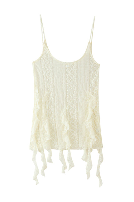 Spaghetti Strap Beige Color Front Ruffle Knitted Casual Fashion Women's tank Tops