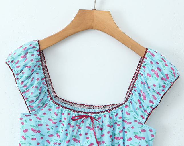 Shoulder Strap Blue Color Fruit Print Front Lace up Casual Fashion Women's tank Tops
