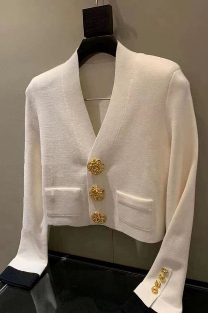 Knit Cardigan Women's Tops Autumn New Black and White Clashing Gold Buckle V-Neck Coat Jacket