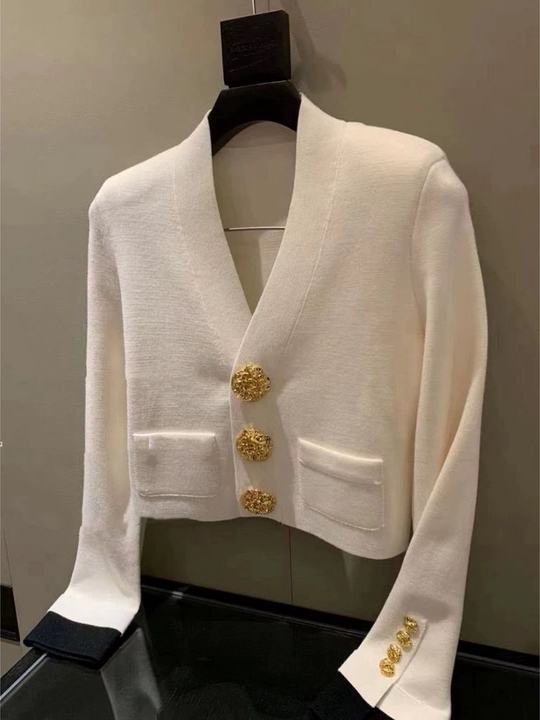 Knit Cardigan Women's Tops Autumn New Black and White Clashing Gold Buckle V-Neck Coat Jacket