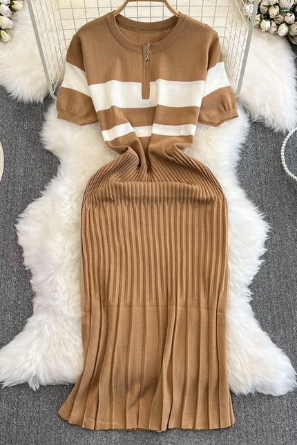 Summer Clashing Color Round Neck Zipper Waisted Knit Tight Casual Dresses