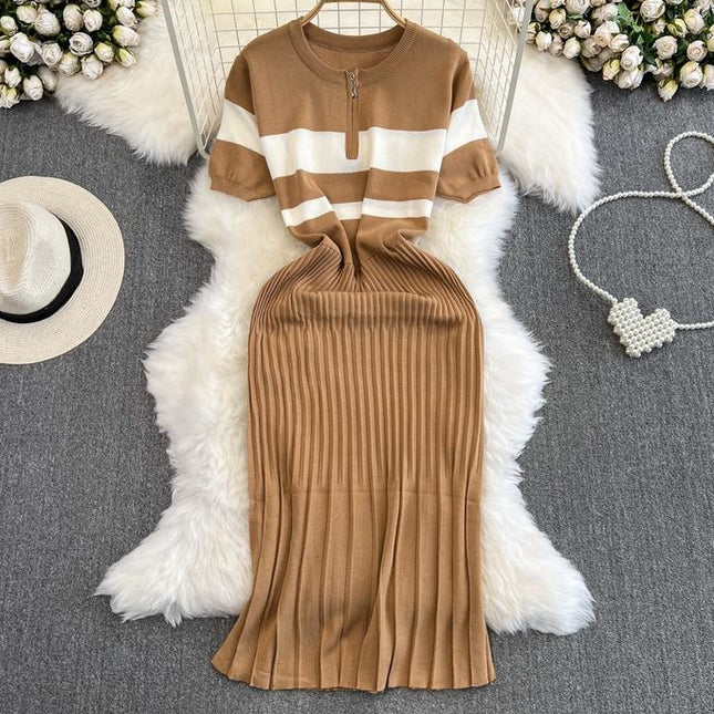 Summer Clashing Color Round Neck Zipper Waisted Knit Tight Casual Dresses