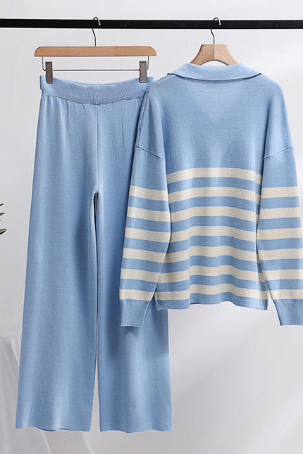 Wholesale New Knitting Suit Polo Collar Striped Sweater Set Loose Casual Top and Pants Sets Fashion Two-piece Set for Women