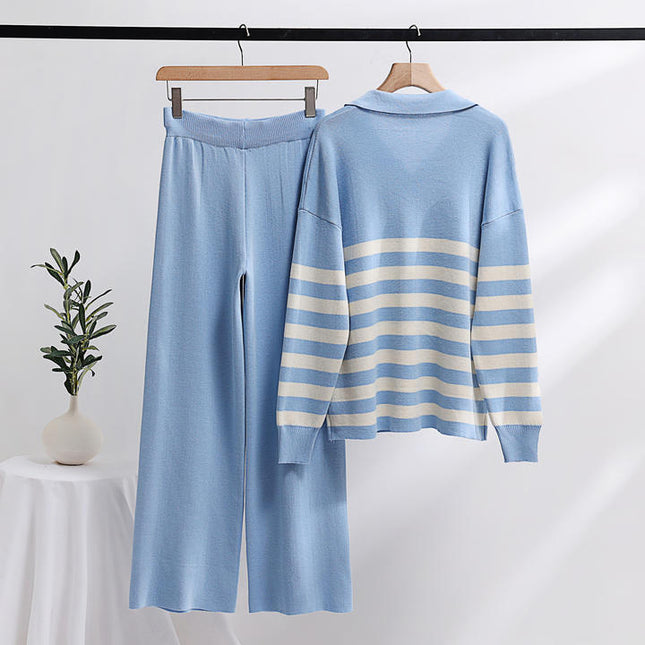 Wholesale New Knitting Suit Polo Collar Striped Sweater Set Loose Casual Top and Pants Sets Fashion Two-piece Set for Women
