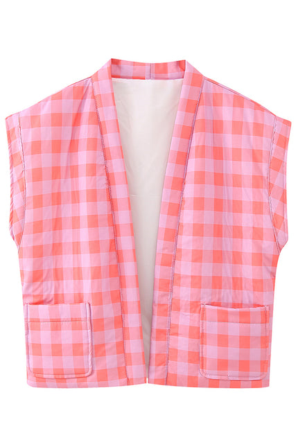Plaid Print pink Open Stitch Short Sleeve Casual Fashion Winter Padded Jacket for Women