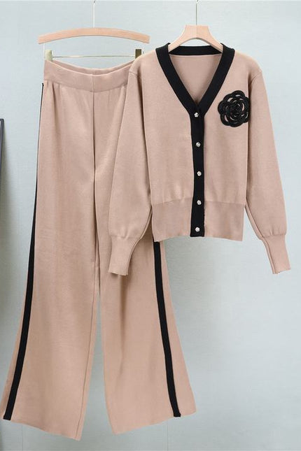 2024 Autumn and Winter New Sweater Set V-neck Long-sleeved Cardigan Top Loose Wide-leg Pants Two-piece Set