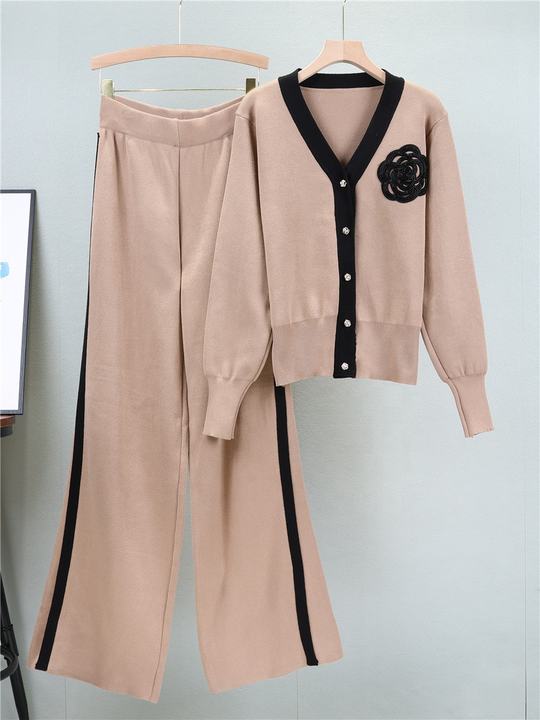 2024 Autumn and Winter New Sweater Set V-neck Long-sleeved Cardigan Top Loose Wide-leg Pants Two-piece Set
