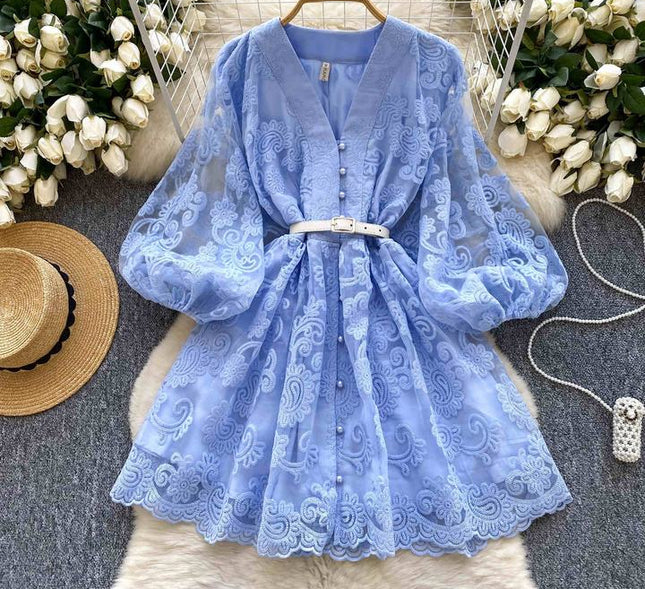 Retro Women Fashion Long Sleeve Single Breasted Mini Dress