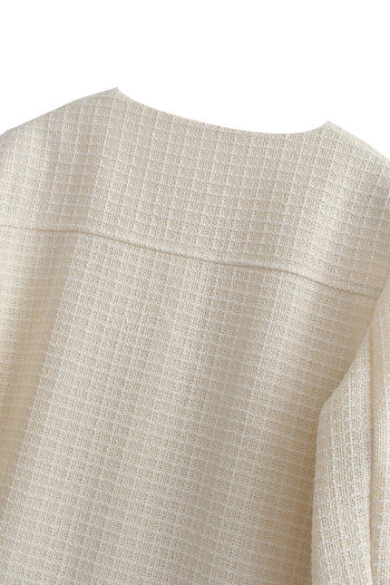2023 Design Beige Color Crew Neck Single Breasted Front Pockets Long Sleeve Casual Tweed Jacket for Women
