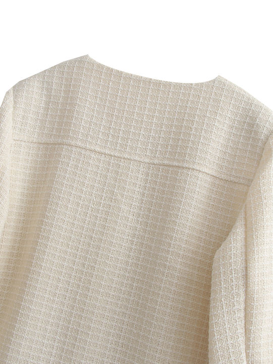 2023 Design Beige Color Crew Neck Single Breasted Front Pockets Long Sleeve Casual Tweed Jacket for Women