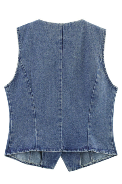 Crew Neck Single Breasted Denim Blue Color Hot Sale Casual Fashion Vest Waistcoat for Women