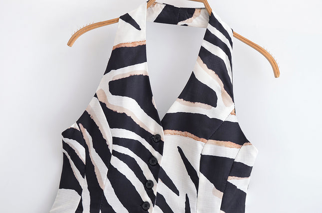 Single Breasted Black White Color Print Back Hollow Out Casual Fashion Halter Vest Waistcoat for Women
