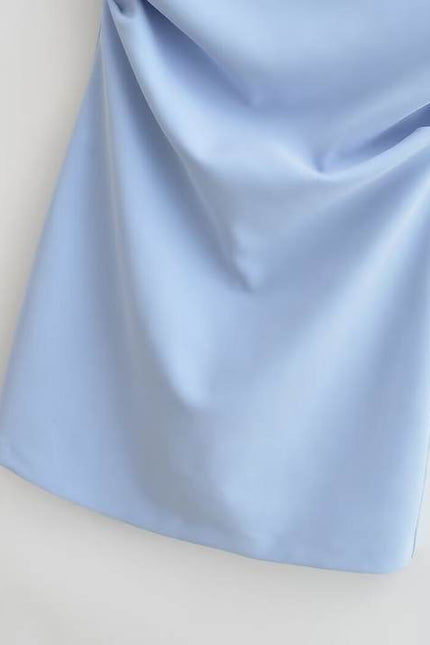 Strapless Blue Color Pleated Back Zipper Fly Casual Fashion Mini Dress for Ladies