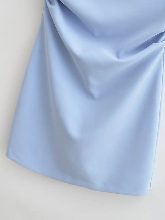 Strapless Blue Color Pleated Back Zipper Fly Casual Fashion Mini Dress for Ladies