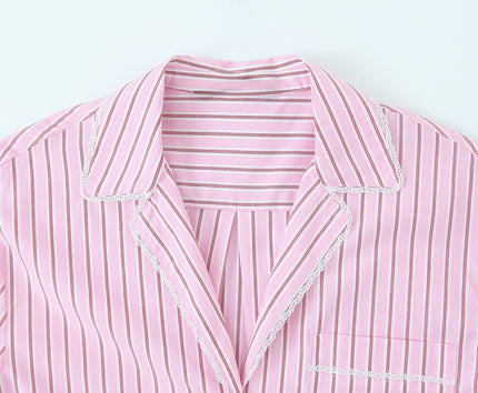 Turn Down Collar Striped Print pink Color Long Sleeve Buttons up Casual Fashion Tops Blouse for Women