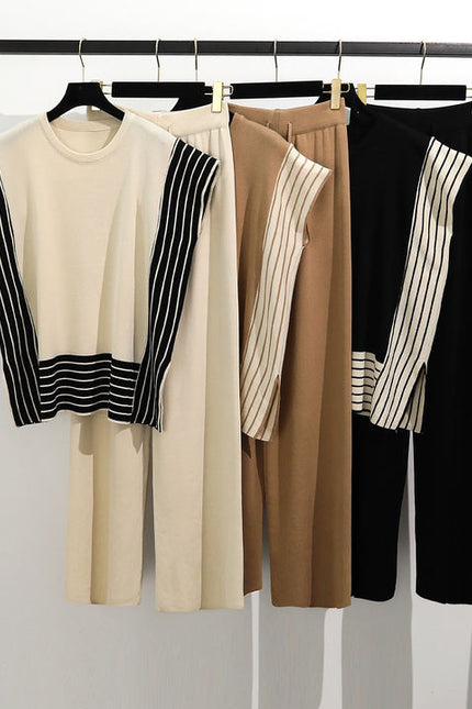 Fashionable Patchwork Loose Short Sleeved Sweater Top High Waist Slimming and Wide Leg Pants Two-piece Set
