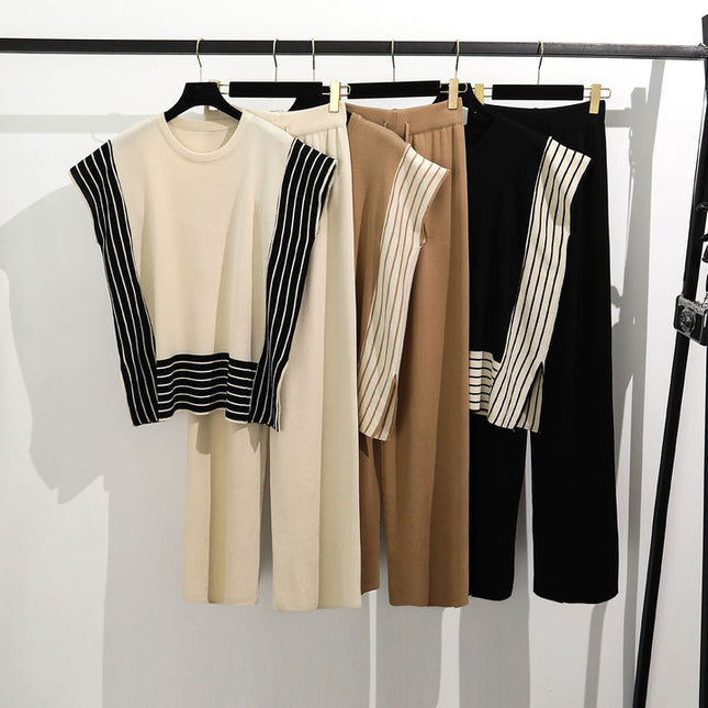 Fashionable Patchwork Loose Short Sleeved Sweater Top High Waist Slimming and Wide Leg Pants Two-piece Set