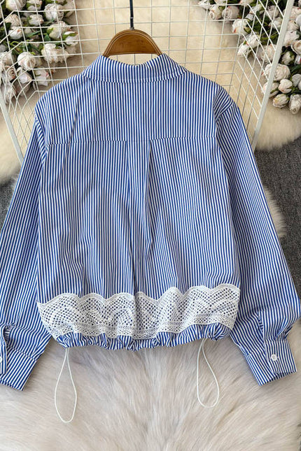 2025 Spring Autumn Simple Style Lace Bow Stripe Long Sleeve Shirt Women's Design Top