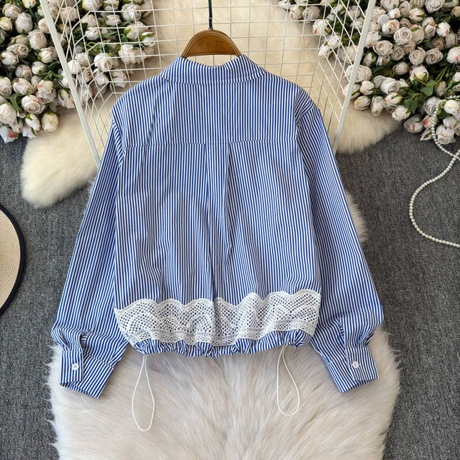 2025 Spring Autumn Simple Style Lace Bow Stripe Long Sleeve Shirt Women's Design Top