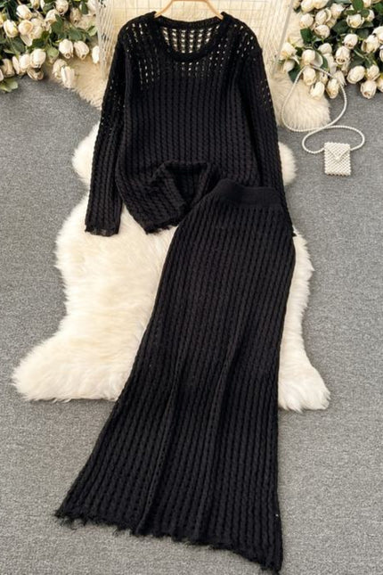 Lazy Style Knitted Suit with Women's Design Sense Hollowed Out Top Versatile Half Skirt Two-piece Set Trendy