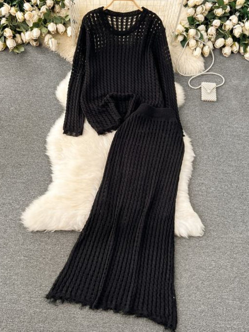 Lazy Style Knitted Suit with Women's Design Sense Hollowed Out Top Versatile Half Skirt Two-piece Set Trendy