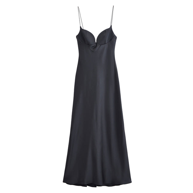 Spaghetti Strap Solid Color Back Hollow Out Casual Fashion Long slip Dress for Women