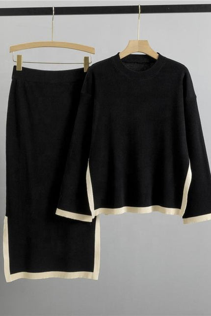 Knitted Suit for Women's Autumn New Design Contrasting Color Round Neck Top+slit Skirt Temperament Two-piece Set