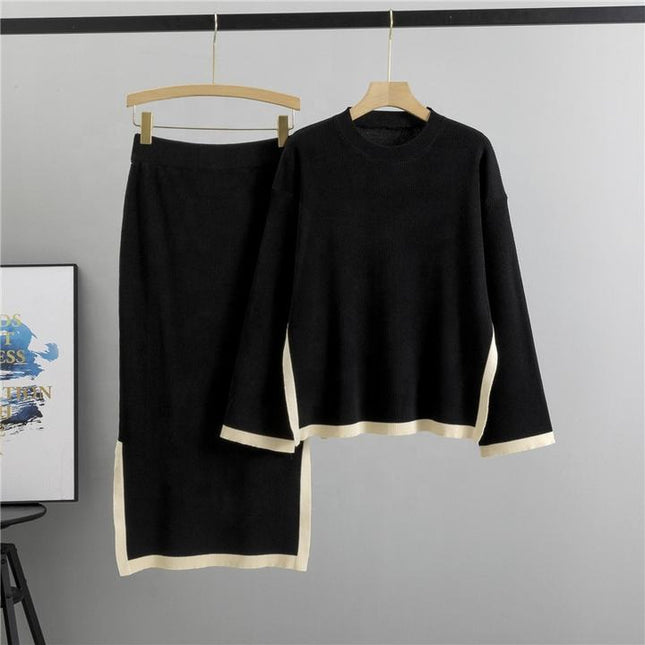 Knitted Suit for Women's Autumn New Design Contrasting Color Round Neck Top+slit Skirt Temperament Two-piece Set