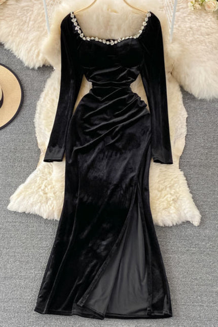 New Korean Stylish Necklace Edge Long Sleeve Velvet Dress Women Slim Dresses