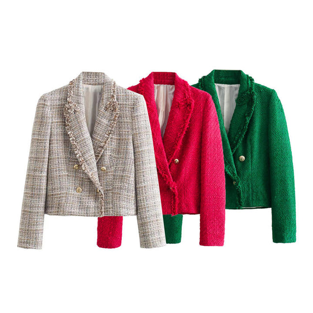 3 Colorway Notched Collar Long Sleeve Double Breasted Casual Fashion Tweed Jacket blazer for Women