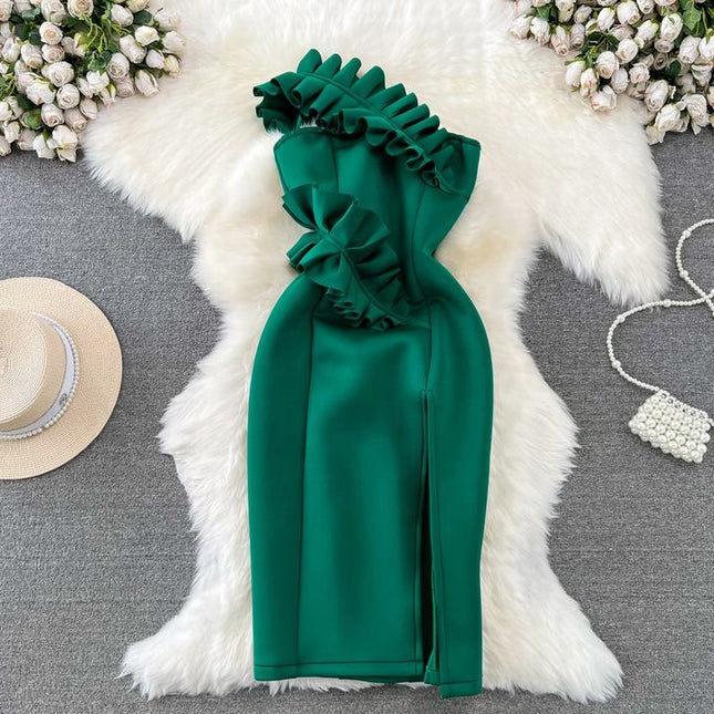 Fashion Premium Ruffle Sheath Hanging Neck Waist Purple Tight Gown Dresses