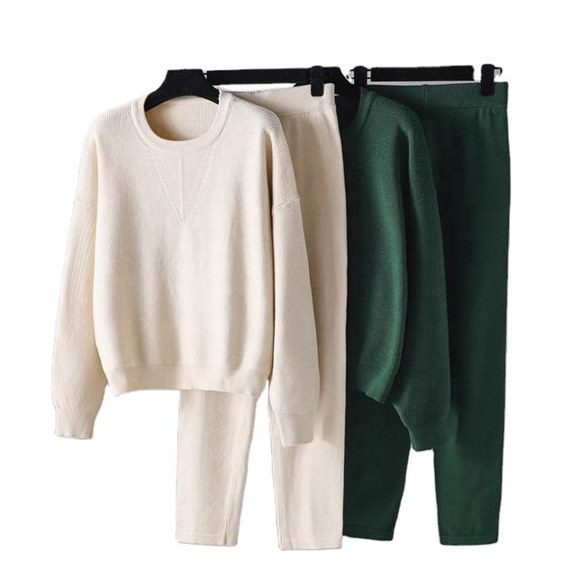 Autumn and Winter Ladies' Casual Set New Loose Sweater Two Piece Pants Set Solid Color Knitting Set Female Fashion
