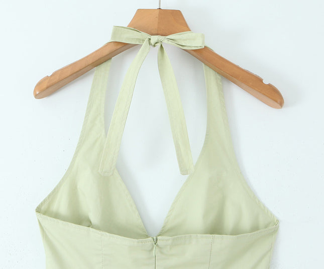 2 Colorway Solid Color Back Hollow Out Sleeveless Casual Fashion Cotton Halter Dress for Women