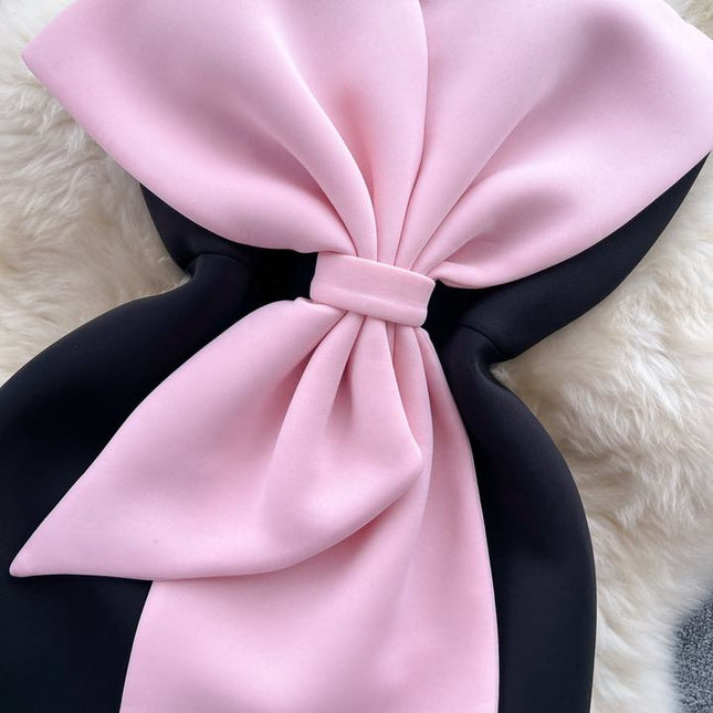 Autumn New French High End Bra Bow Knot Split Design Feel Waist Closing Slim Fit Women's Dress