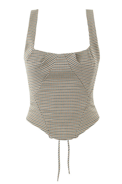 Shoulder Strap Plaid Print Brown Color Back Lace up Casual Fashion Women's tank Top