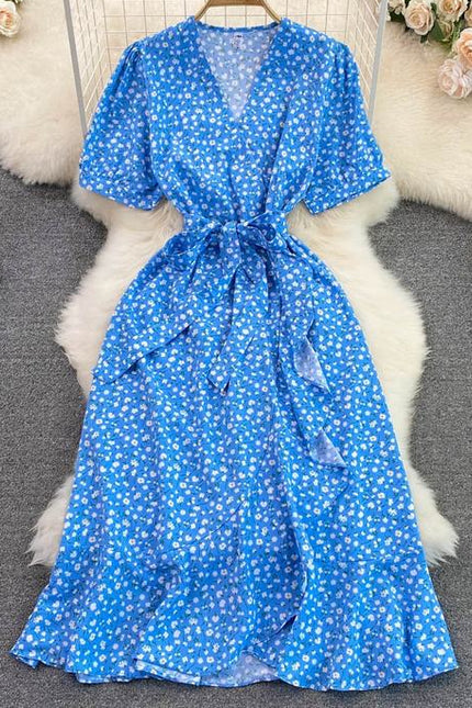 Fashion Small Fresh V-Neck Bubble Short Sleeve Waist Shrink Slimming A-Line Flounce Floral Dress