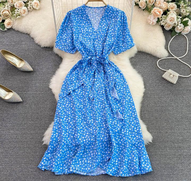 Fashion Small Fresh V-Neck Bubble Short Sleeve Waist Shrink Slimming A-Line Flounce Floral Dress