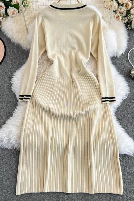 French Knit Dress Women'S Fall New Waist Senior Pleated Long Dresses